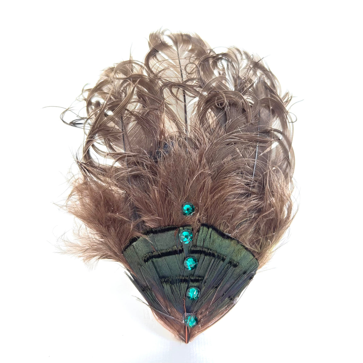 Handmade brown and peacock feather hair clip and brooch with curled feathers, fluffy texture and green crystal embellishments by Nicole Ho.