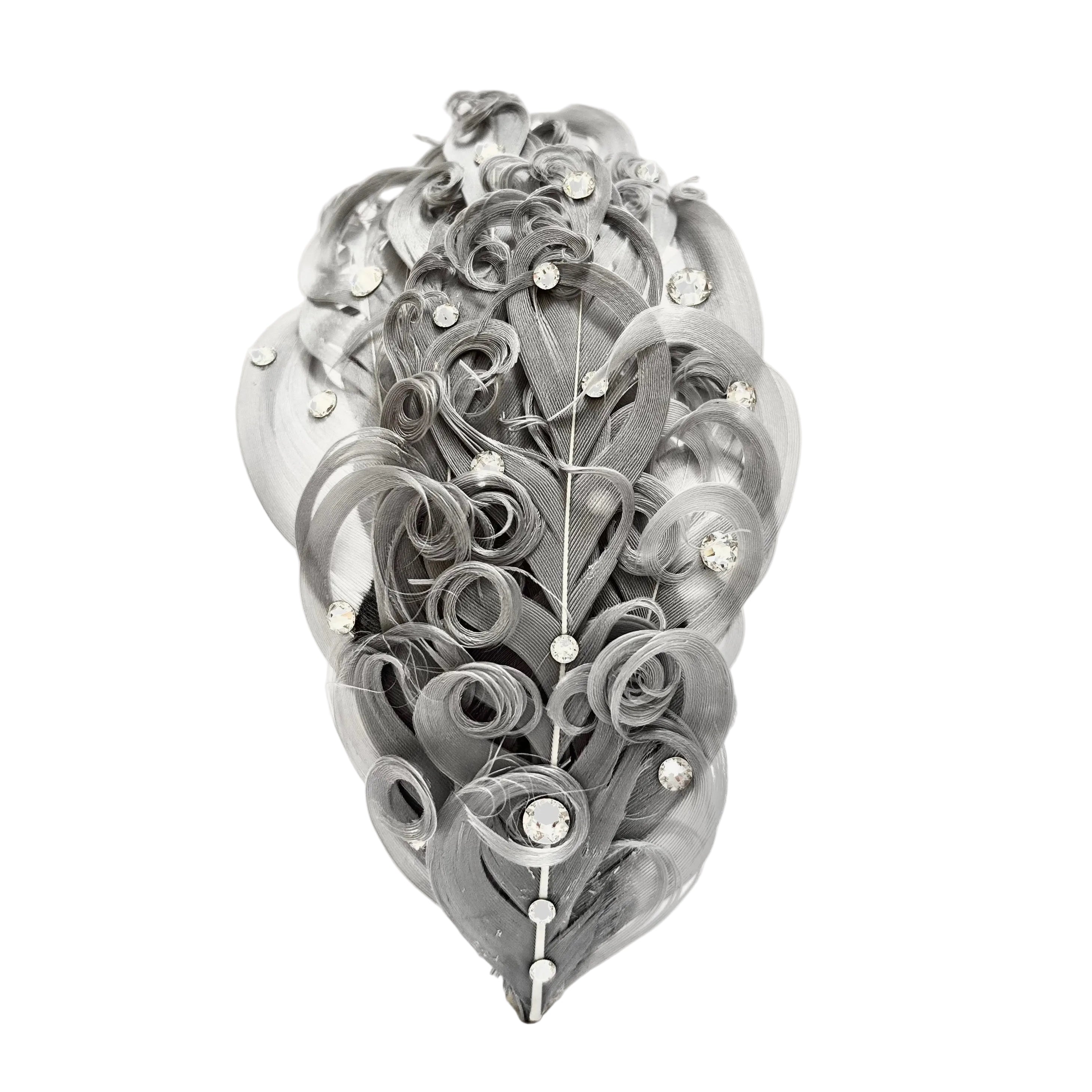 Handmade grey feather hair clip with intrinsically curled feathers and sparkling crystal detailing, suitable for elegant formal hairstyles by Nicole Ho.